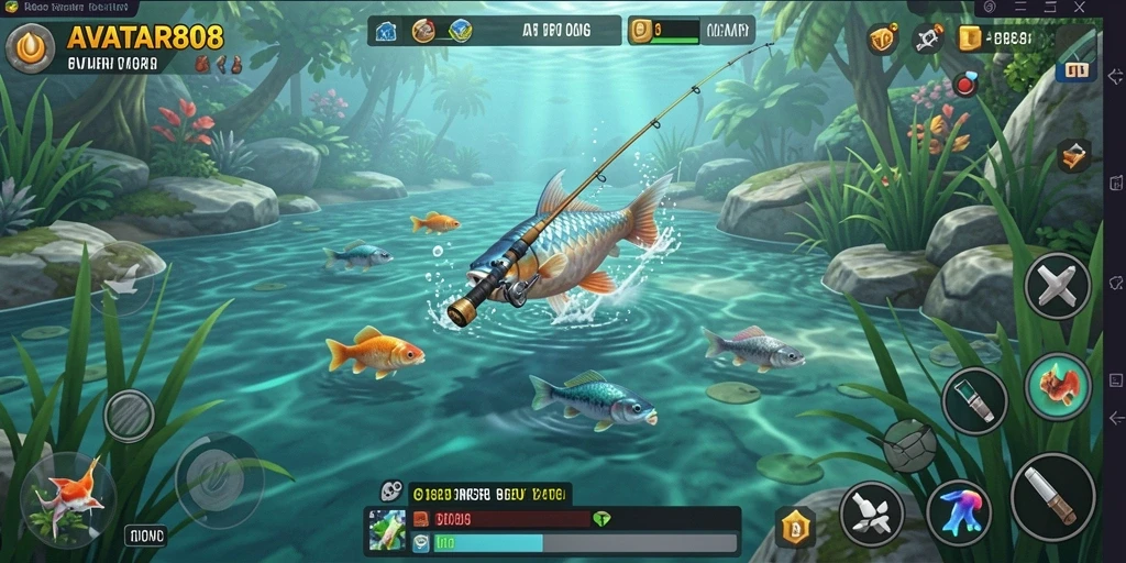 Tampilan gameplay seru dalam AVATAR808 saat menangkap ikan.