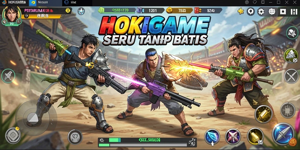 Screenshot menampilkan duel mendebarkan di HOKIGAME dengan karakter beragam.