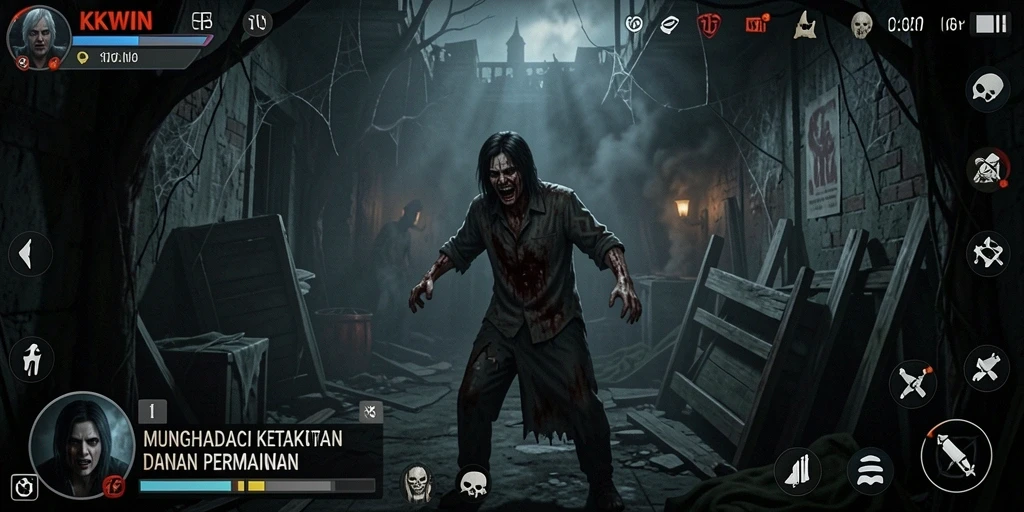 Tampilan gameplay KKWIN yang penuh ketegangan dan horor.