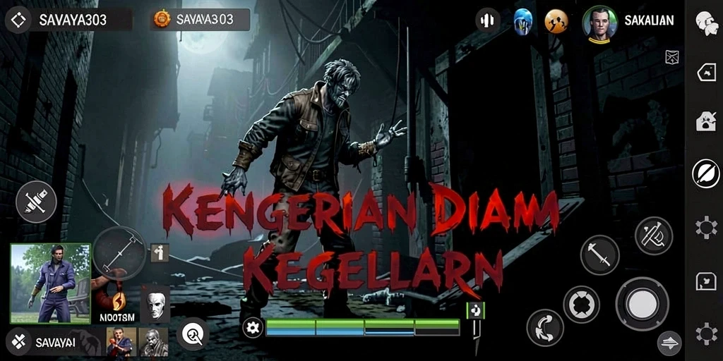 Screenshot gameplay dari SAVAYA303 menampilkan momen mencekam di kegelapan.