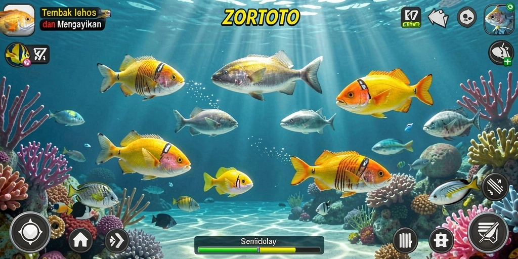 Screenshot gameplay ZORTOTO yang menampilkan aksi tembak ikan yang seru.